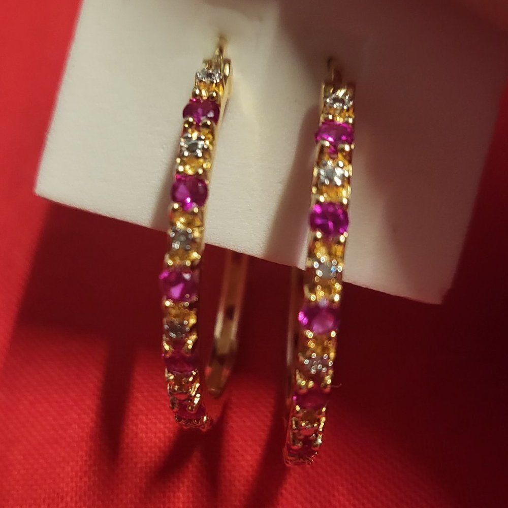 Rhodolite Garnet and Diamond Accent Vermeil YG Over Sterling Silver Hoops 1"